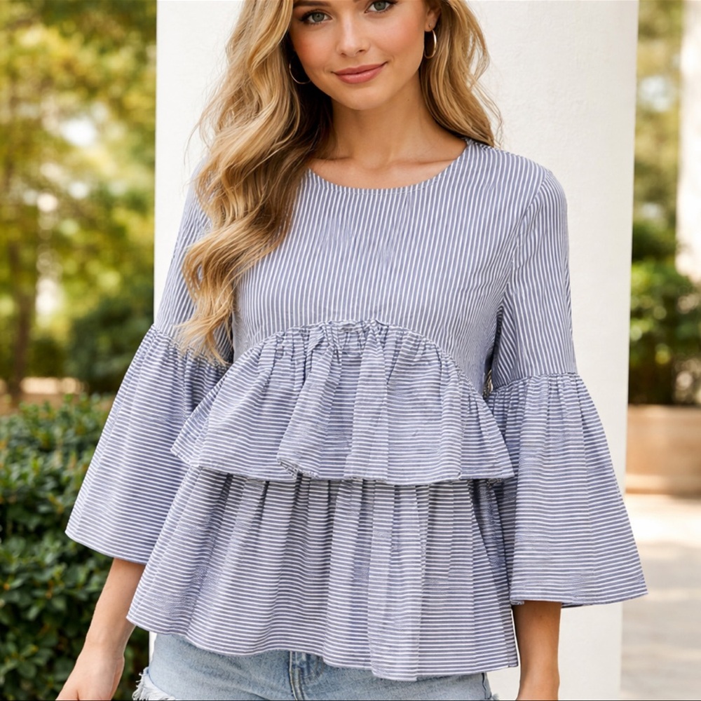 Forever 21 Striped Top Ruffle Bell Flouncr Sleeve Sz M Peplum Babydoll Tiered